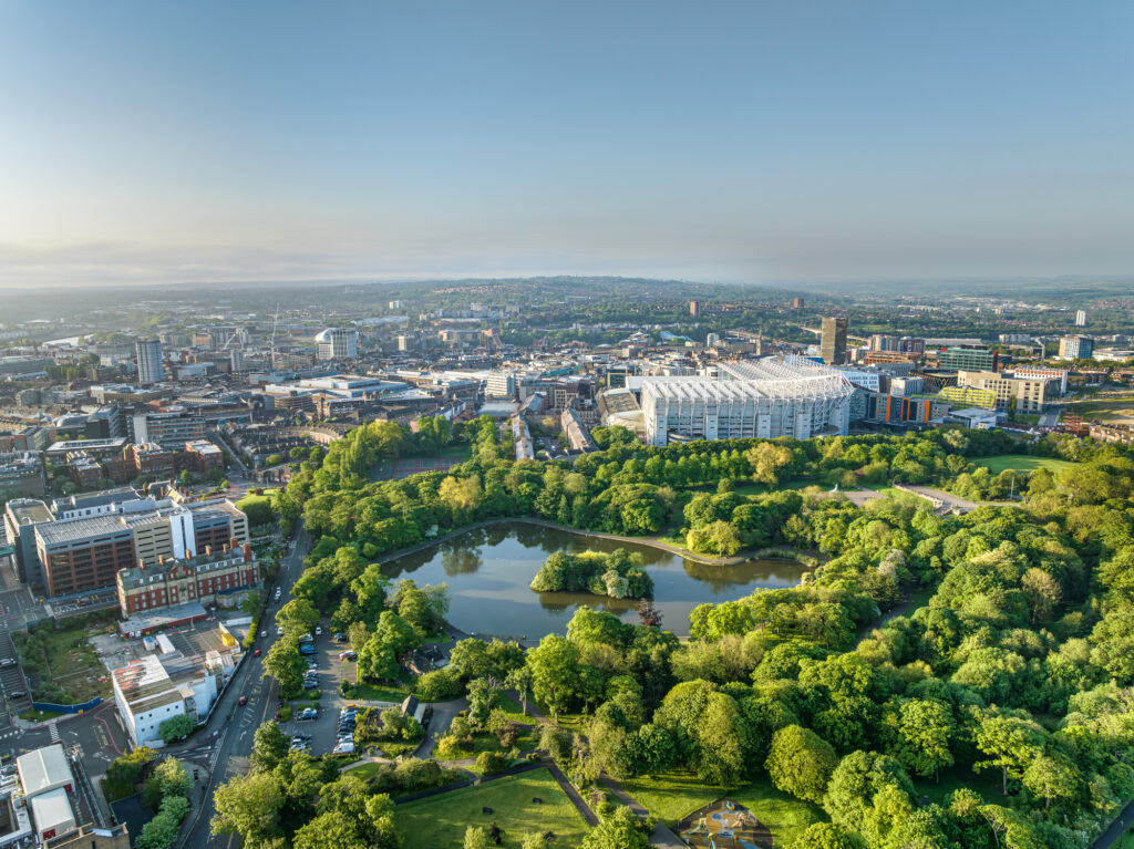 Image: An aerial shot of the campus-adjacent Leazes Park, bathed in the late afternoon sun. Credit: Elemental Photography.