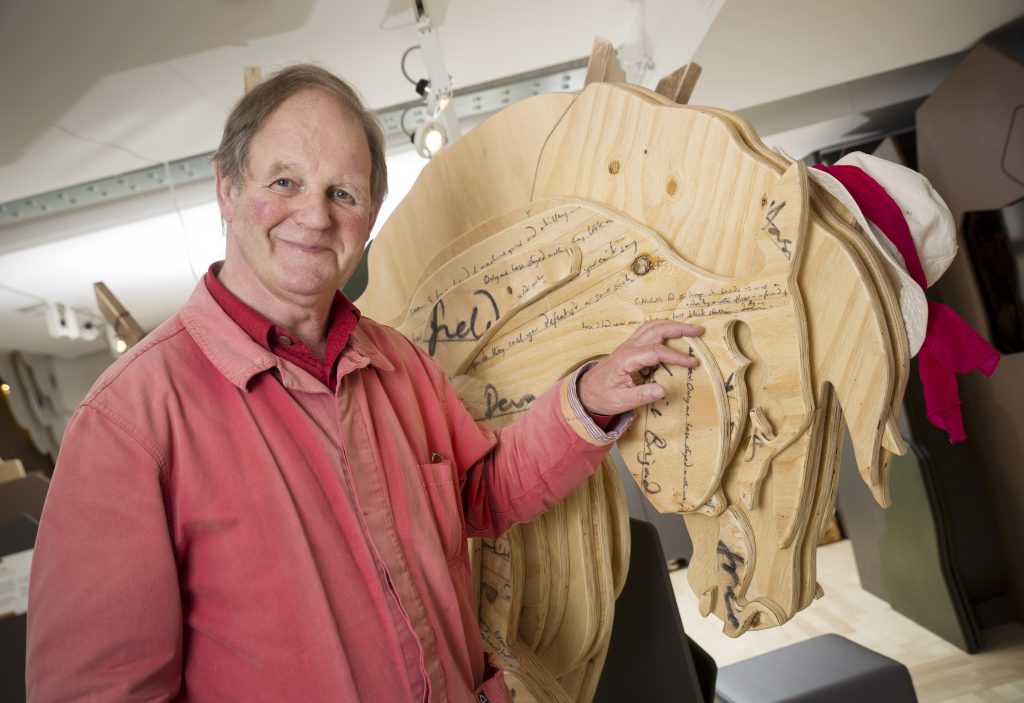 Michael Morpurgo with Seven Stories' A Lifetime in Stories exhibition. Image: Seven Stories, The National Centre for Children's Books, photography by Richard Kenworthy
