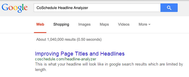 Screenshot of a headline displayed in search results using the Headline Analyzer tool