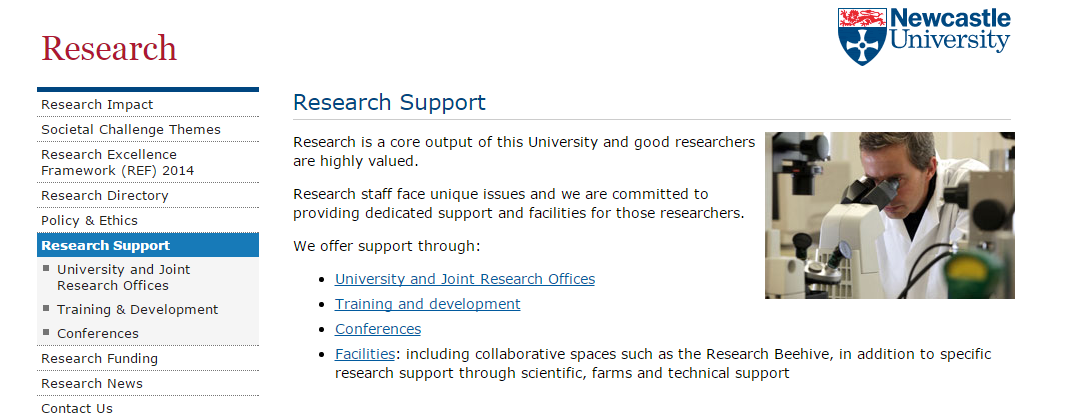 Screenshot of old Research Support page on desktop 