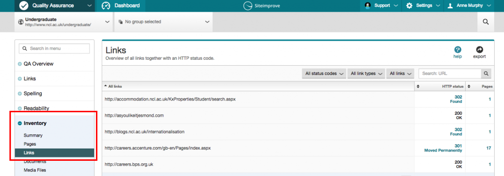 Siteimprove Menu panel and inventory tab